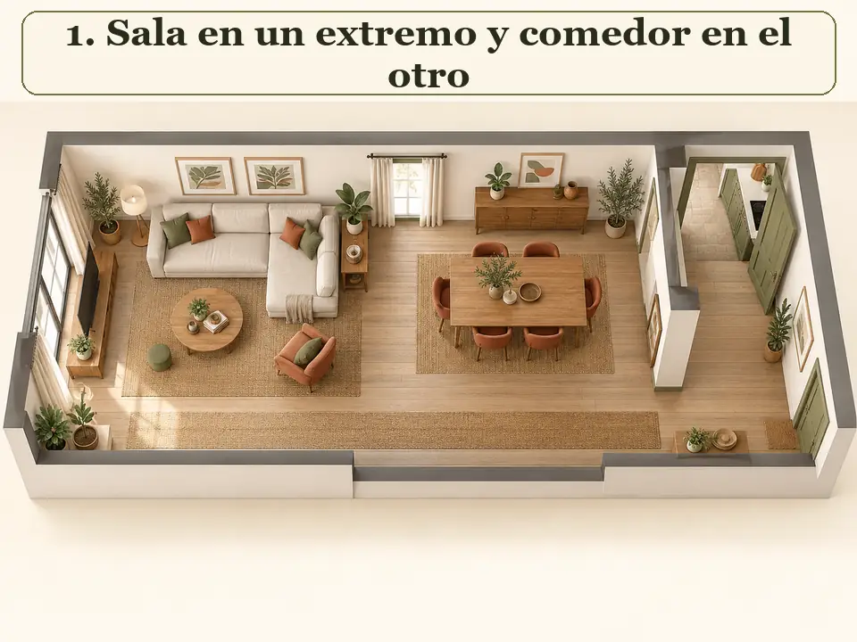Sala en un extremo y comedor en el otro