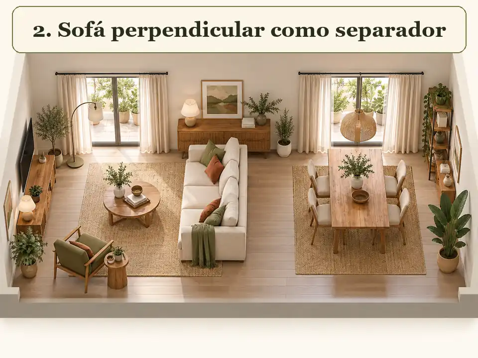 Sofá perpendicular usado como separador entre sala y comedor
