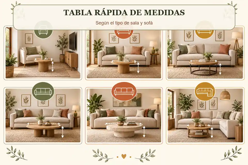 Tabla visual de medidas de mesa de centro según sala y sofá