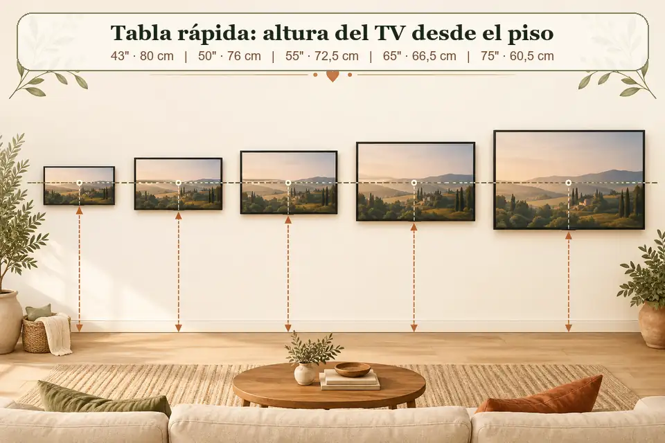 Tabla rápida de alturas para TV de 43 a 75 pulgadas