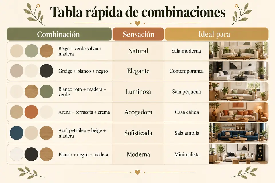 Tabla rápida de combinaciones para sala y comedor