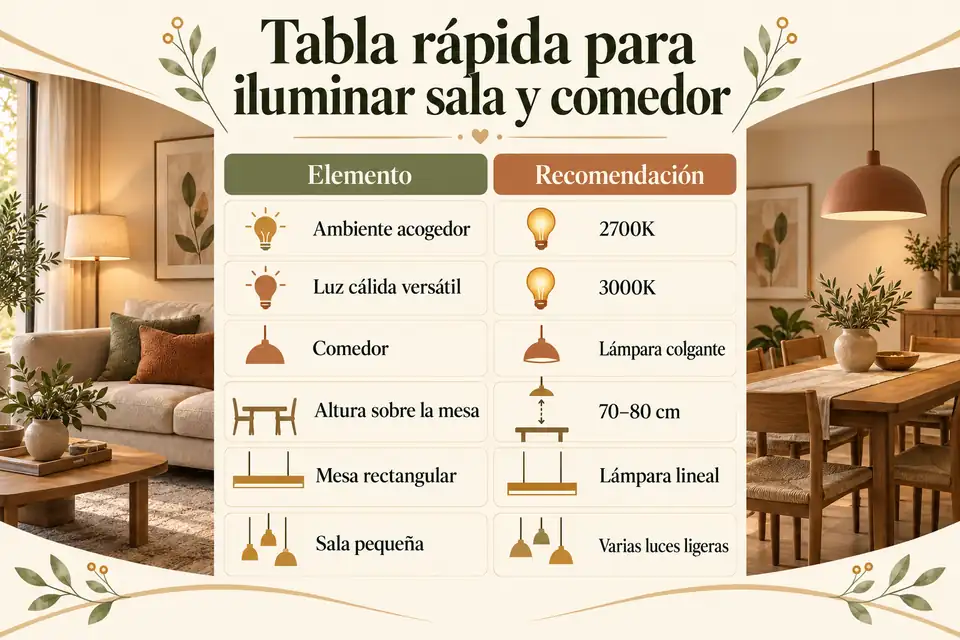 Tabla rápida de recomendaciones para iluminar sala y comedor
