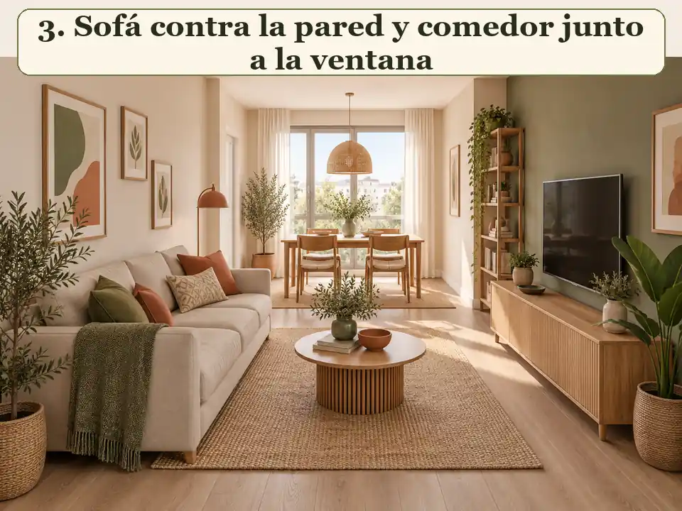 Sofá contra la pared y comedor junto a la ventana