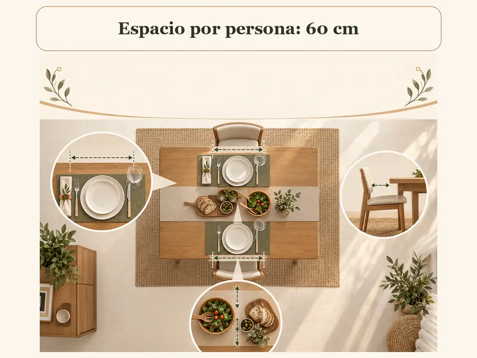 Espacio recomendado de 60 cm por persona en la mesa