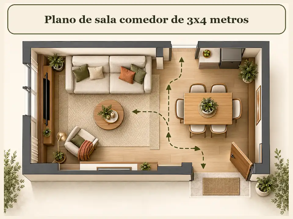 Plano de sala comedor de 3x4 metros