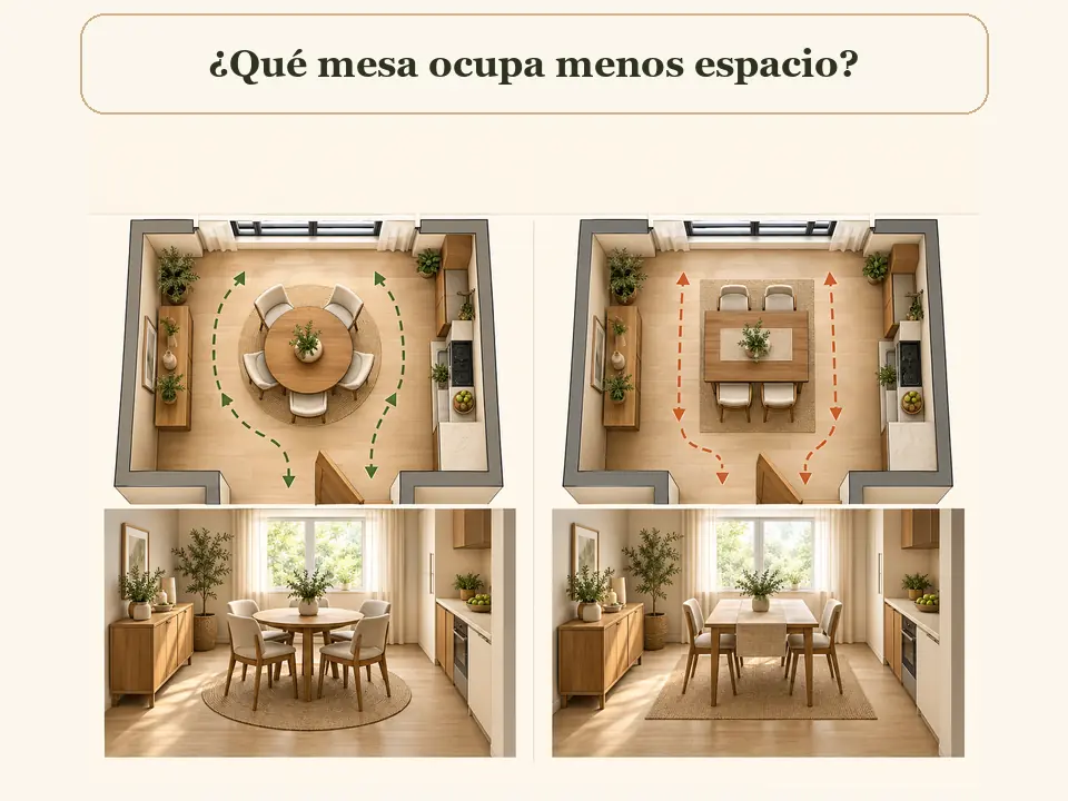 Comparación del espacio que ocupan una mesa redonda y una rectangular