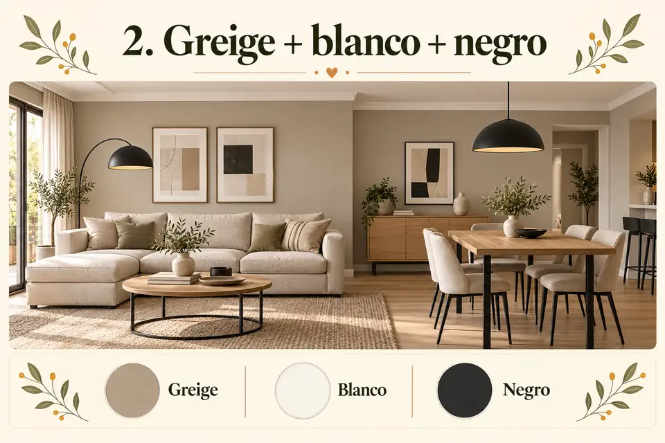 Combinación greige, blanco y negro para sala comedor