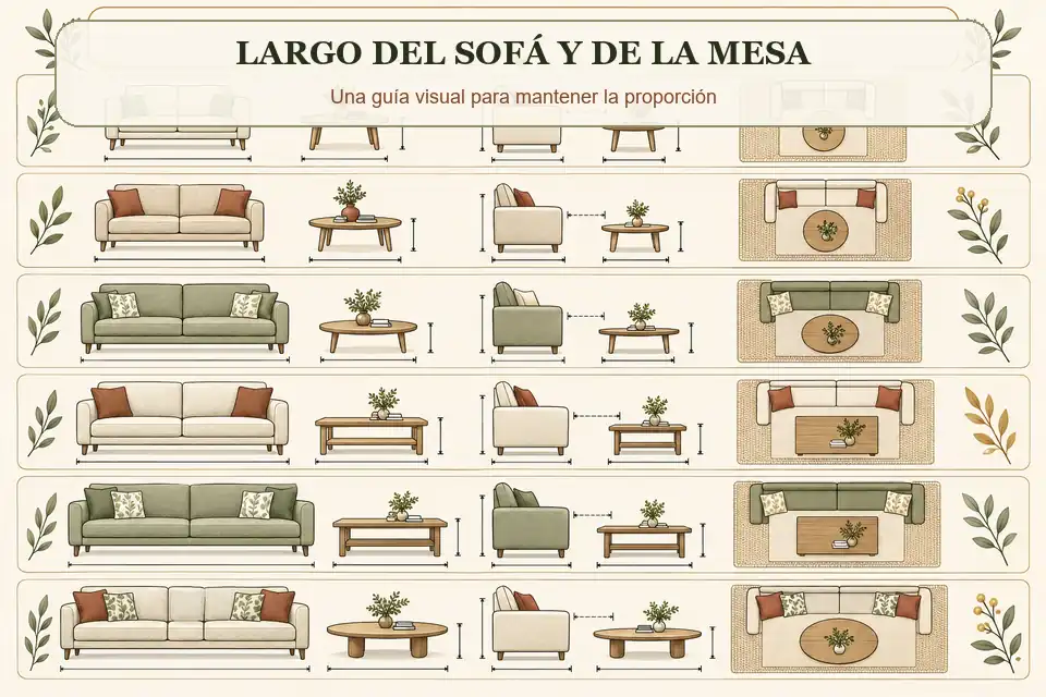 Tabla visual del largo del sofá y el largo recomendado de mesa
