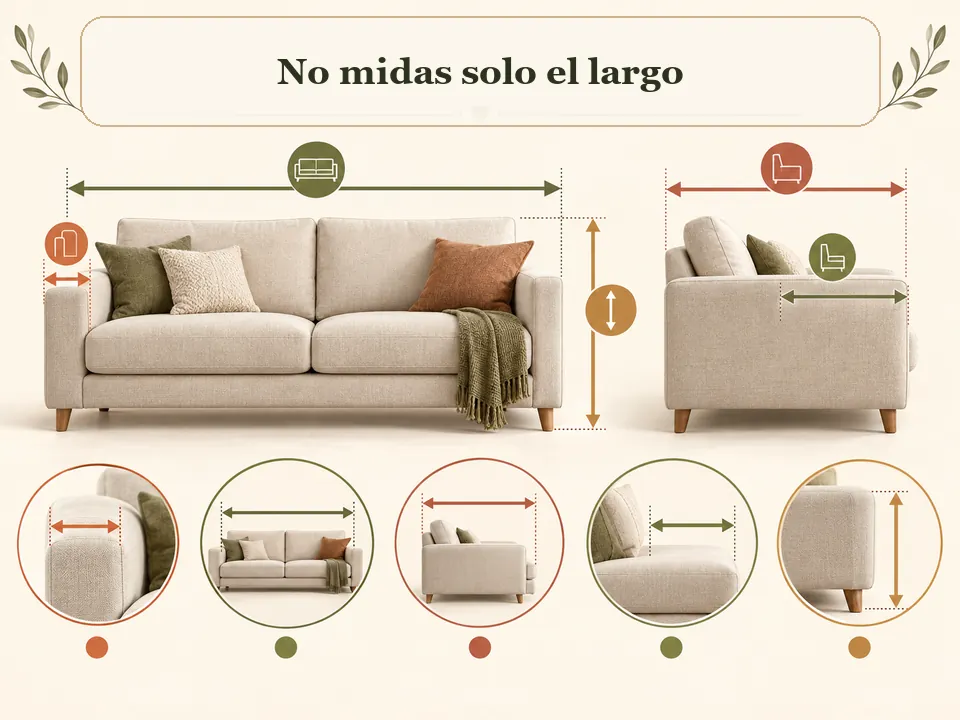 Largo, profundidad, altura y asiento del sofá