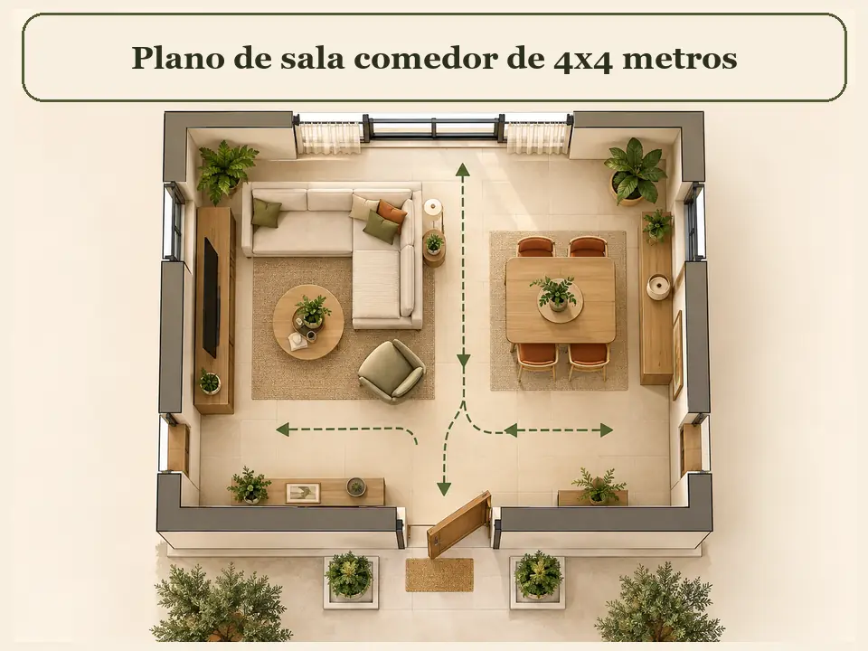Plano de sala comedor de 4x4 metros