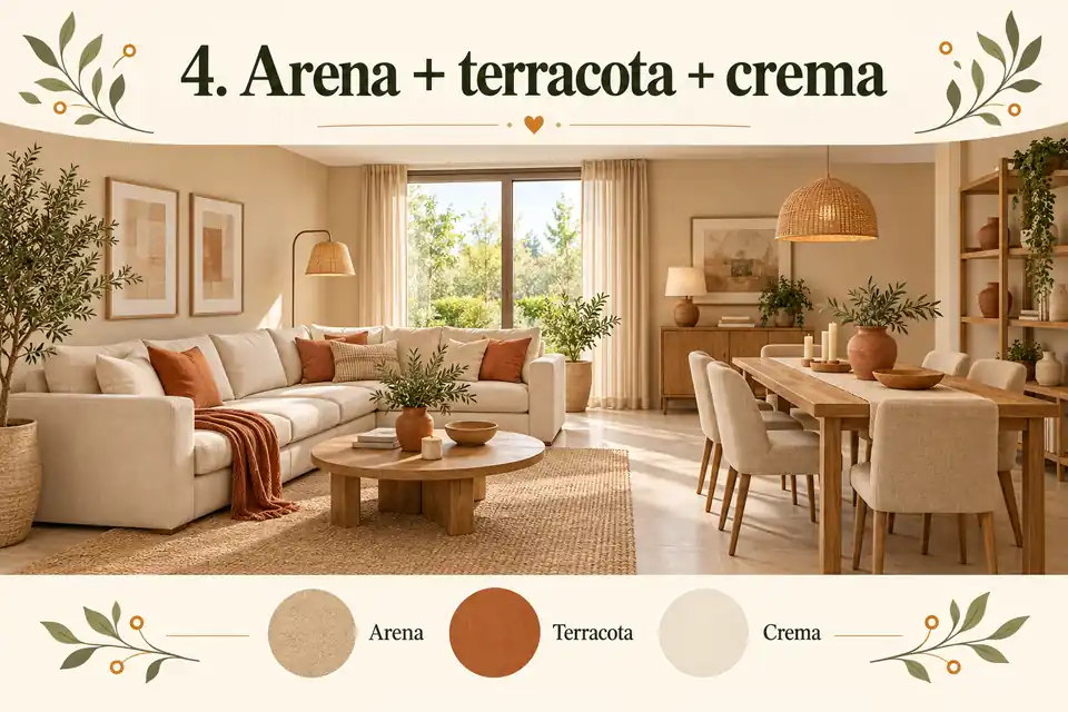 Combinación arena, terracota y crema para sala comedor