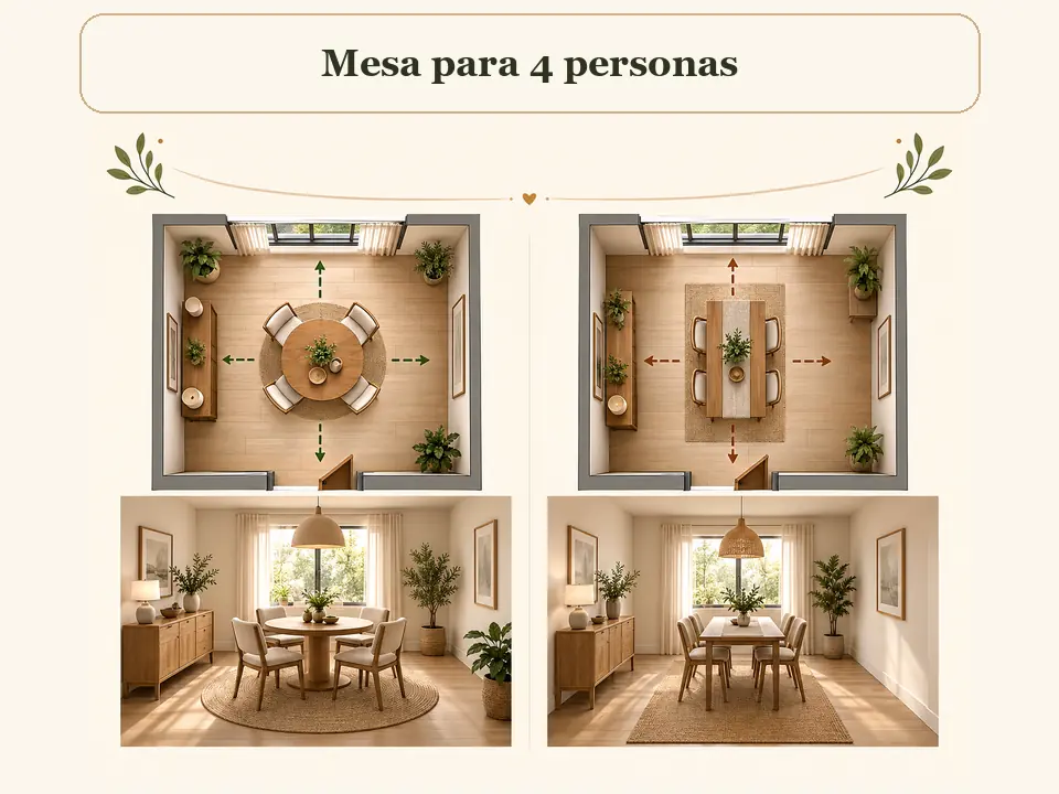 Medidas y distribución de mesas redonda y rectangular para cuatro personas
