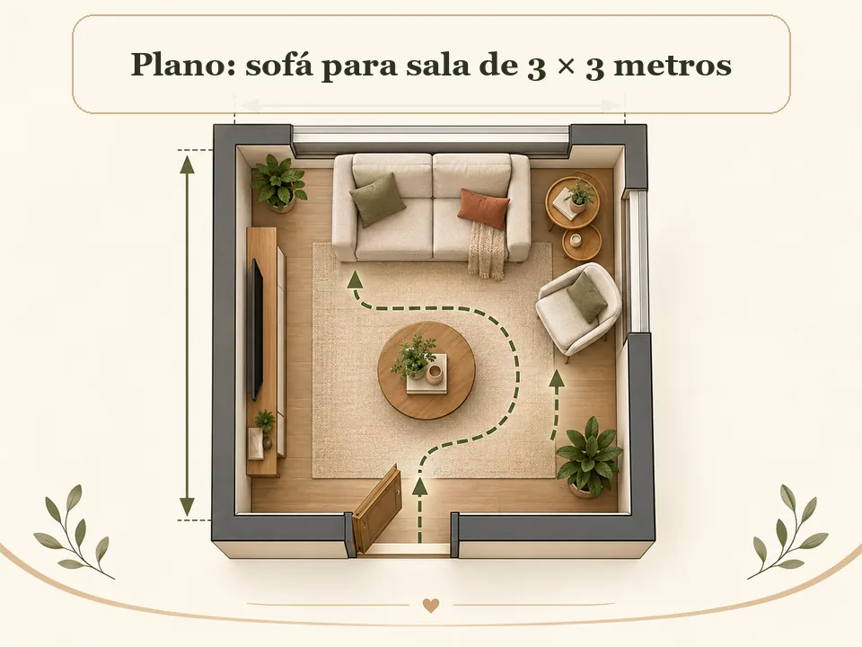 Plano de sala de 3 por 3 metros con sofá