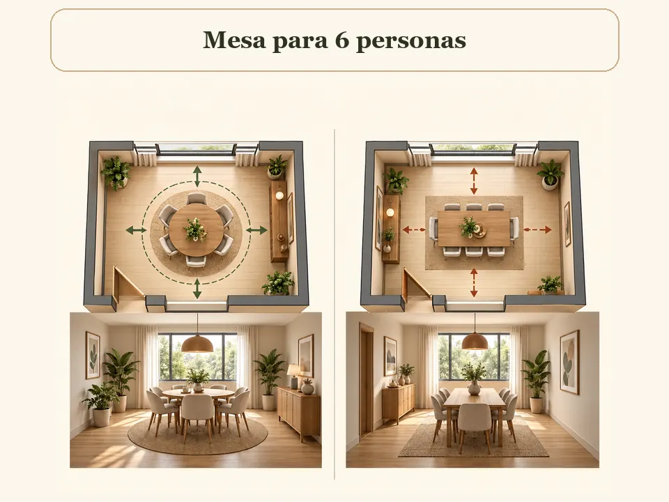 Comparación de mesas redonda y rectangular para seis personas
