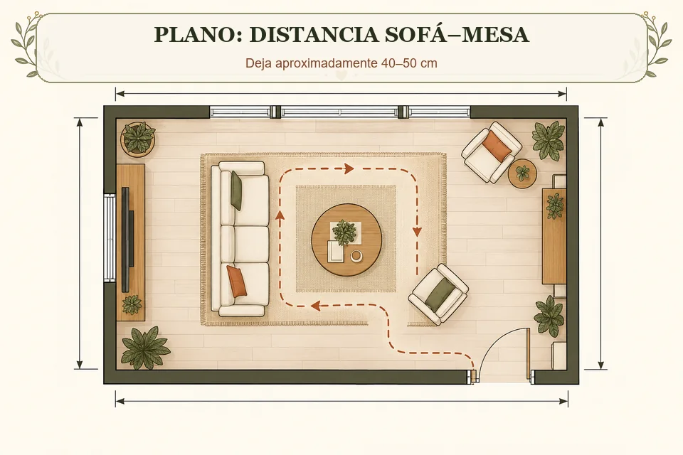 Plano de distancia entre sofá y mesa de centro