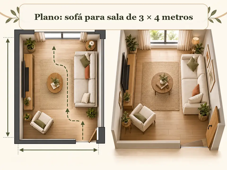 Plano de sala de 3 por 4 metros con sofá