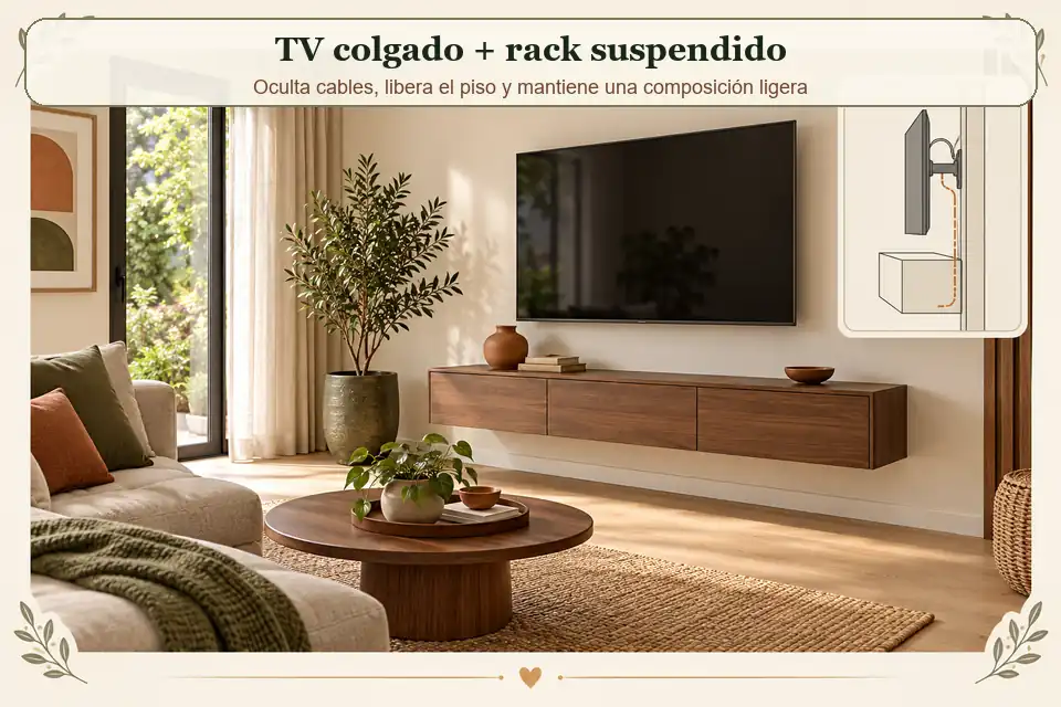 Televisor en pared con rack suspendido