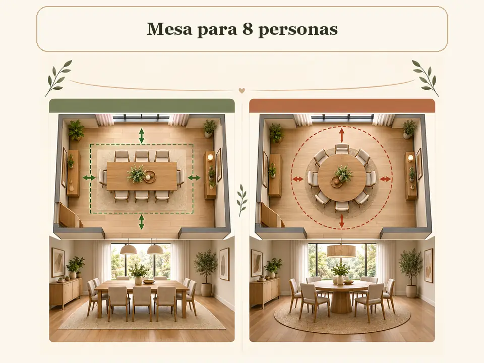 Distribución recomendada de una mesa rectangular para ocho personas