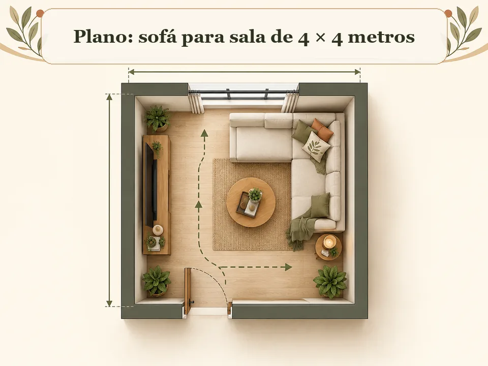 Plano de sala de 4 por 4 metros con sofá en L