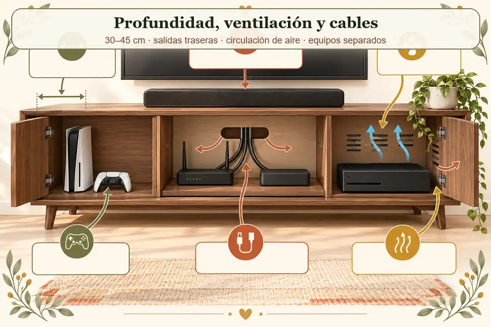 Profundidad ventilación y cables del mueble TV