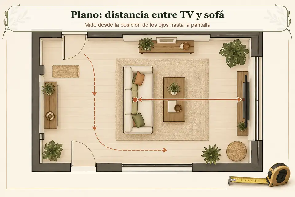 Plano de distancia entre televisor y sofá