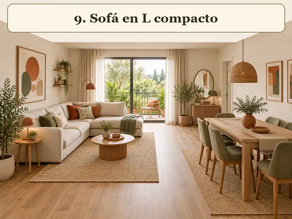 Sofá en L compacto en una sala comedor rectangular