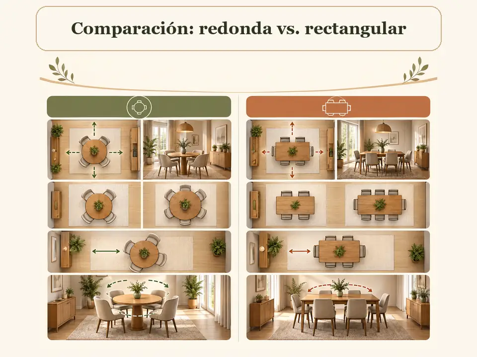 Tabla visual comparativa de mesas redondas y rectangulares