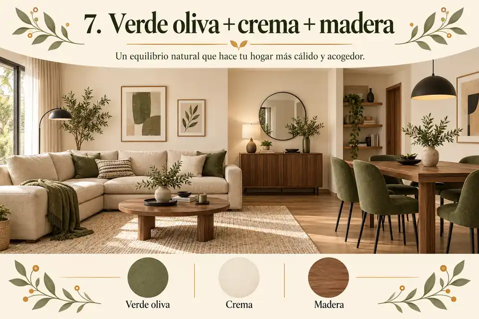 Combinación verde oliva, crema y madera