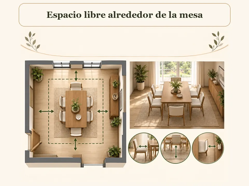 Espacio necesario para las sillas y la circulación alrededor de la mesa