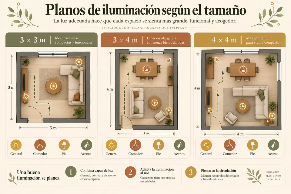 Planos de iluminación para salas comedor de 3 por 3, 3 por 4 y 4 por 4 metros
