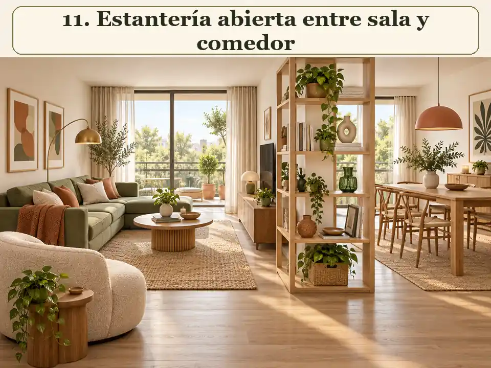 Estantería abierta separando sala y comedor