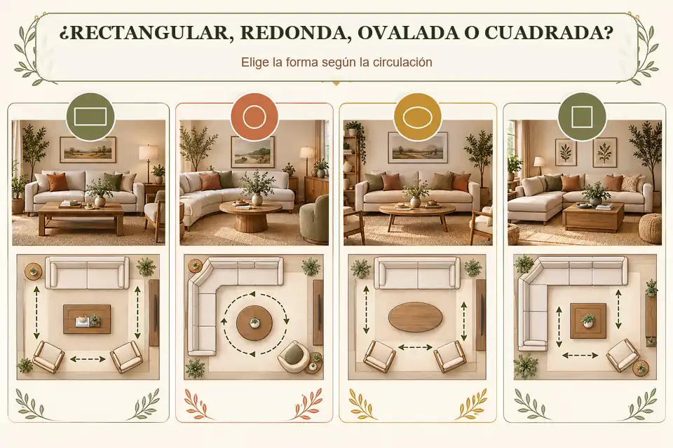 Comparación de mesas rectangulares redondas ovaladas y cuadradas