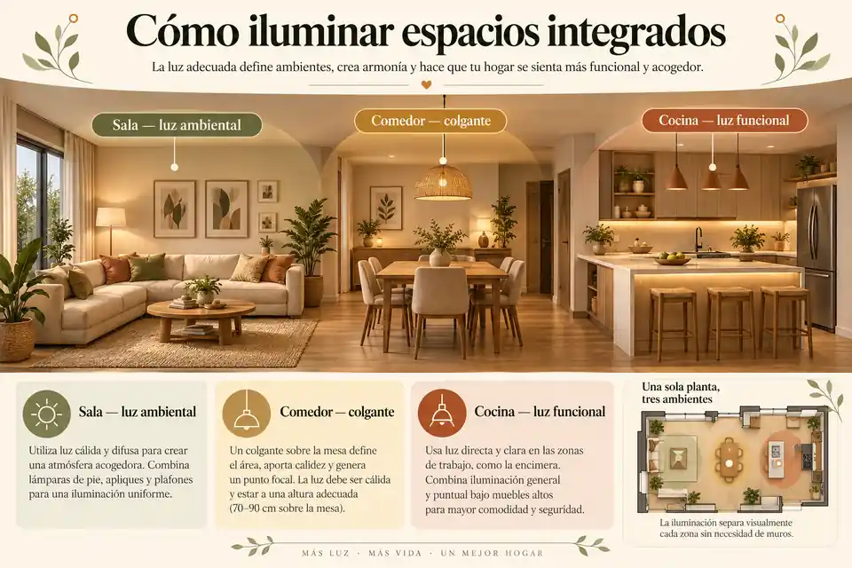 Iluminación por zonas en sala, comedor y cocina integrados