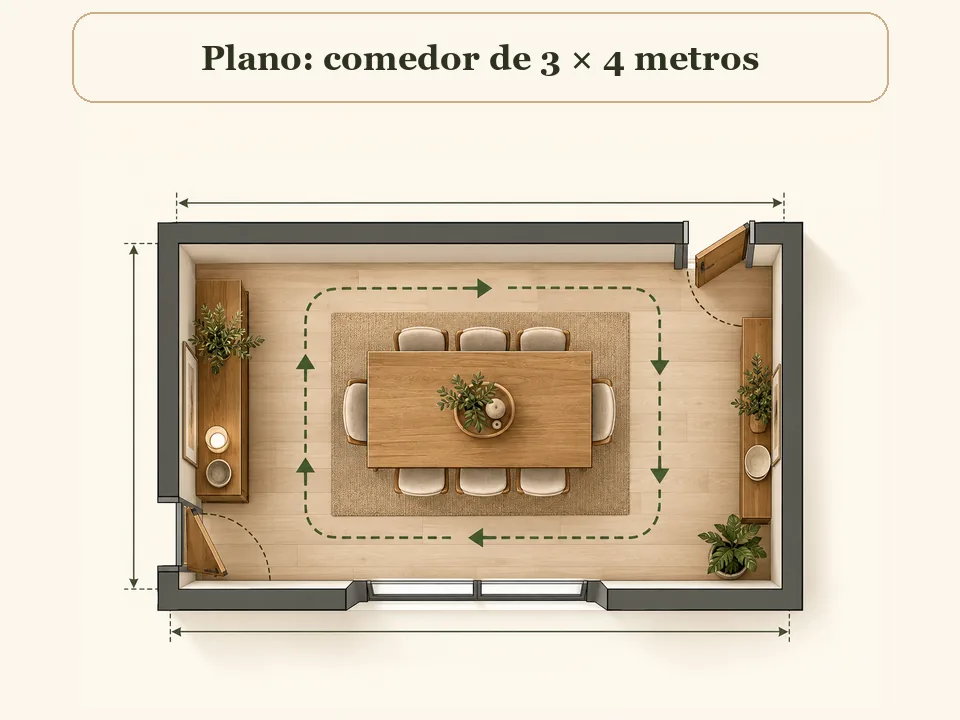 Plano de un comedor de tres por cuatro metros con mesa rectangular