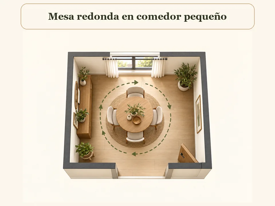 Mesa redonda bien distribuida en un comedor pequeño