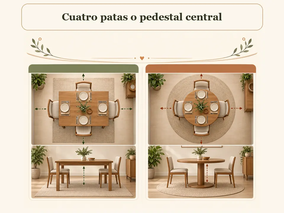Comparación de mesa con cuatro patas y pedestal central