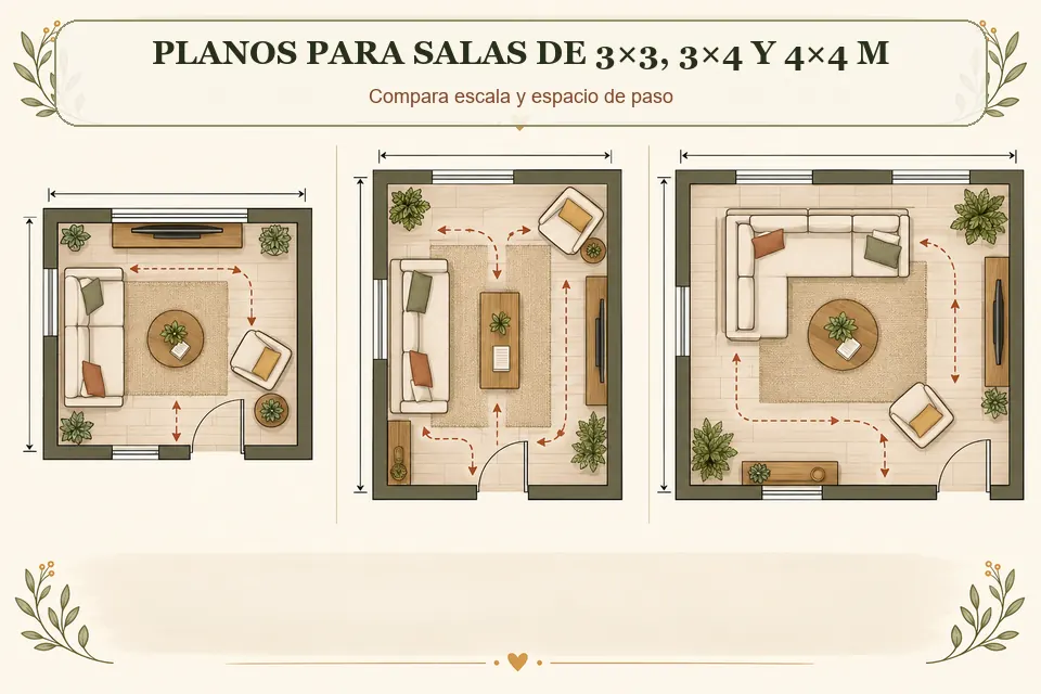 Planos de mesas de centro en salas de 3 por 3 3 por 4 y 4 por 4 metros