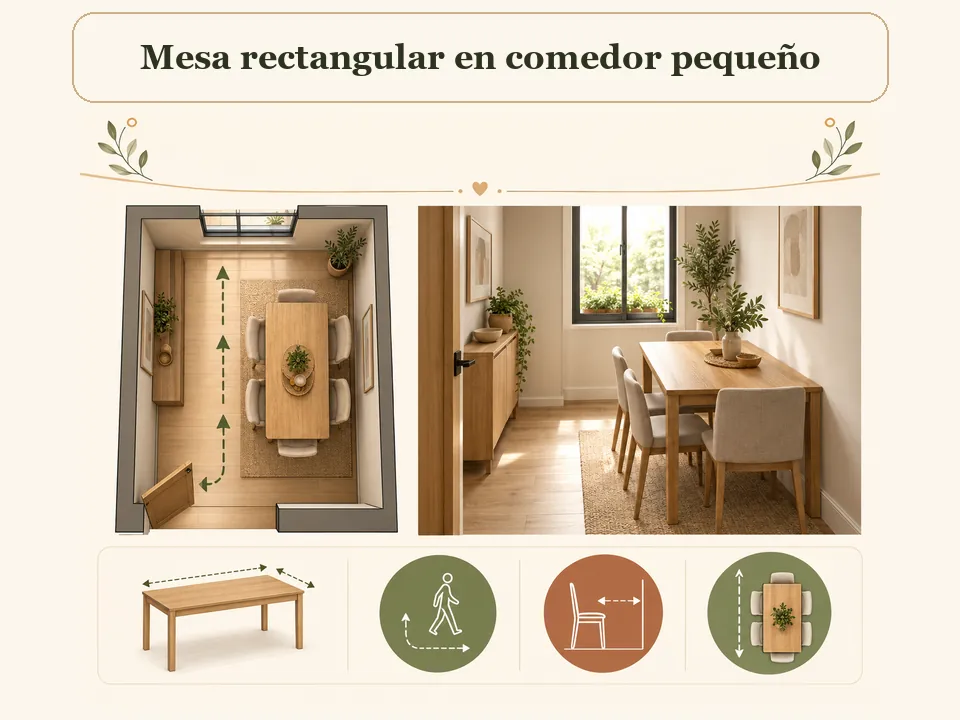 Mesa rectangular optimizada para un comedor pequeño