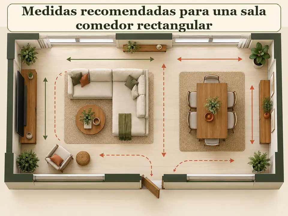 Plano con medidas recomendadas para una sala comedor rectangular