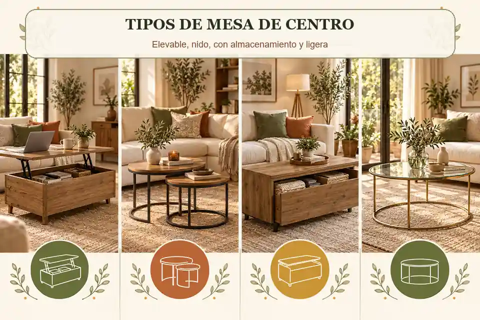 Tipos de mesa de centro elevable nido con almacenamiento y ligera
