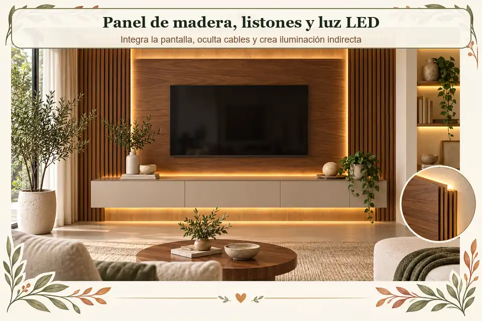 Panel de madera con listones y luz LED para TV