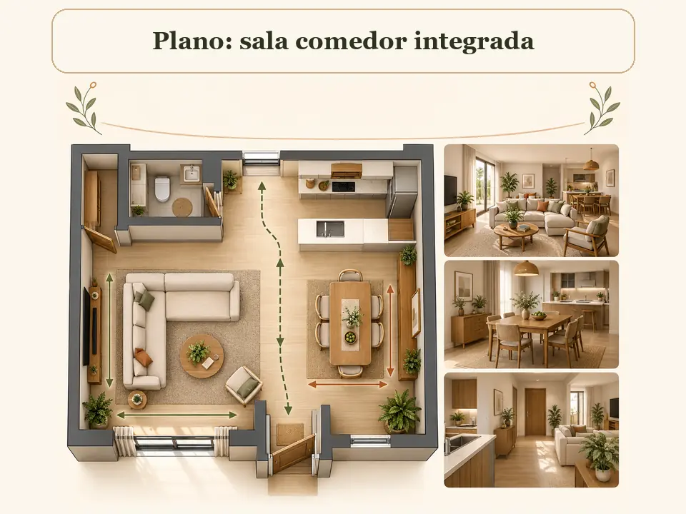 Plano de una sala comedor integrada con circulación despejada