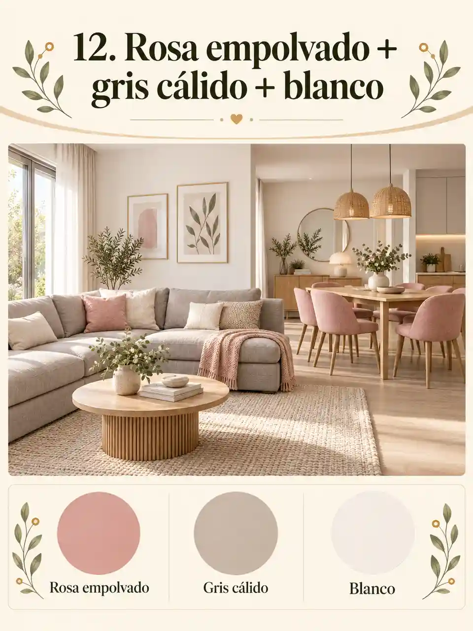 Combinación rosa empolvado, gris cálido y blanco