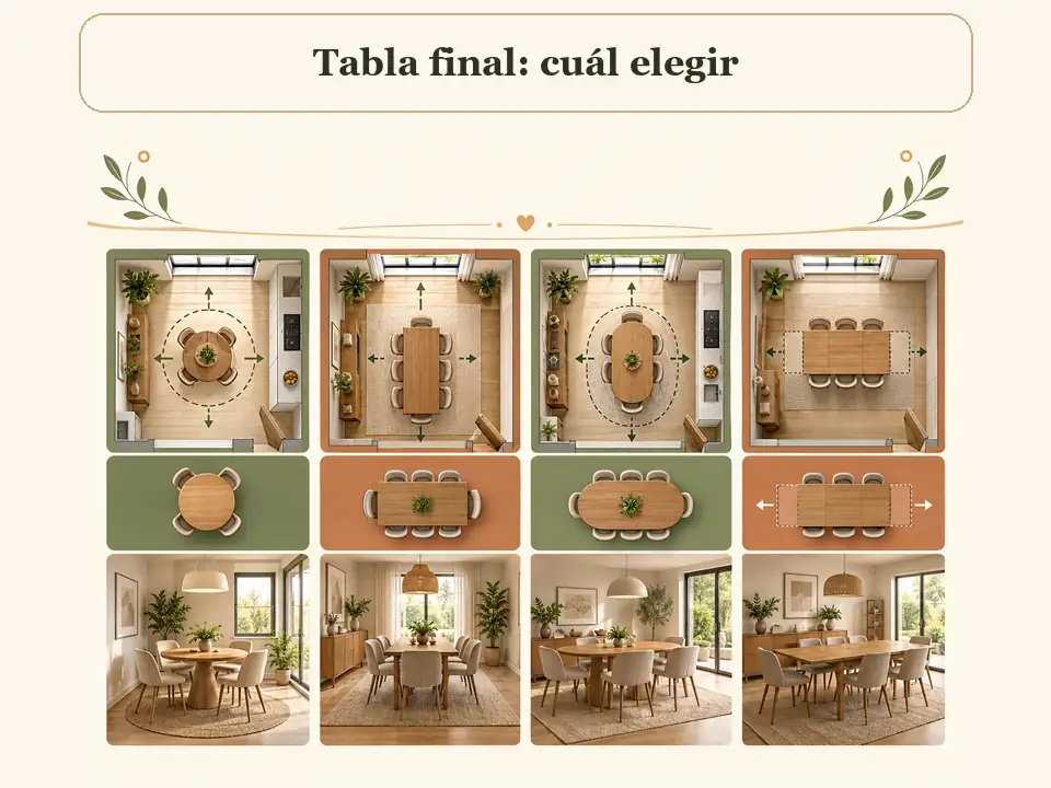 Tabla final para elegir mesa redonda, rectangular u ovalada
