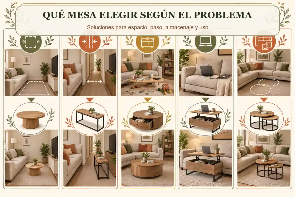 Tabla visual para elegir mesa de centro según el problema
