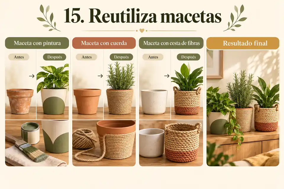 Macetas reutilizadas con pintura cuerda y cestas de fibras