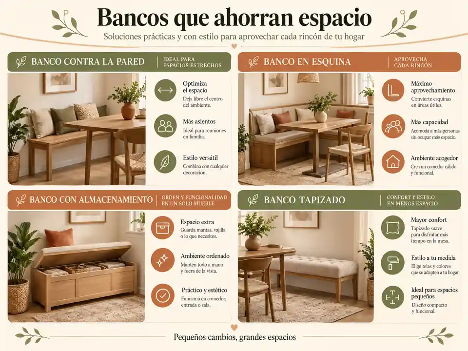 Bancos que ahorran espacio en un comedor pequeño