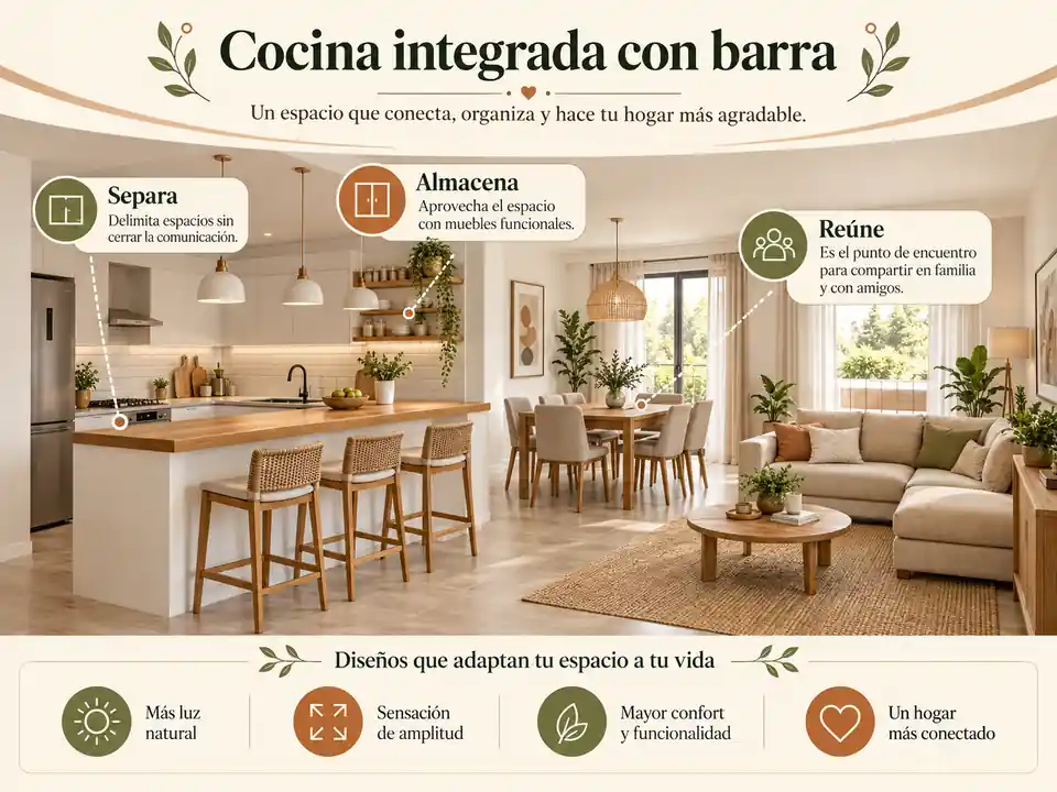 Cocina integrada con barra de madera y taburetes