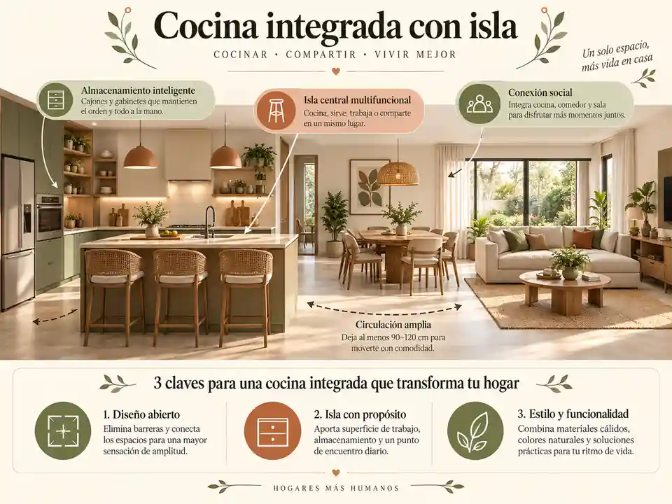 Cocina integrada con isla central, comedor y sala