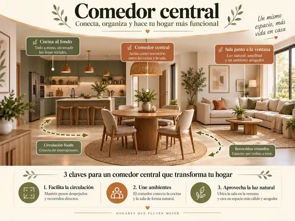 Comedor central entre la cocina y la sala